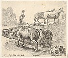 Plate 9: a cow ascending a bank, a peasant woman leading two cows across a bridge in background, from "Diversi Capricci", Stefano della Bella  Italian, Etching; third state of four (De Vesme)