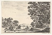 Plate 4: a deer hunt, two horsemen galloping towards the left behind three dogs and a deer, a group of trees to right, from "Various Figures" (Agréable diversité de figures), Stefano della Bella Italian, Etching; fourth state of five (De Vesme)