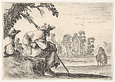 Plate 5: two pilgrims with hats rest to the left, seen from behind, a horseman rides towards the background to the right, from "Various Figures" (Agréable diversité de figures), Stefano della Bella  Italian, Etching; fourth state of five (De Vesme)