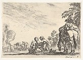 Plate 6: two women, one nursing a child, seated next to a dog and a horse carrying a pack, horses and figures to left in the background, from "Various Figures" (Agréable diversité de figures), Stefano della Bella  Italian, Etching; fourth state of five (De Vesme)
