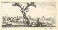 Plate 5: a procession of horsemen crossing a river, a tree at center, from "Troops, cannons, and attacks on towns" (Dessins de quelques conduites de troupes, canons, et ataques de villes), Stefano della Bella  Italian, Etching; second state of three