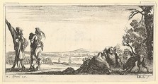 Plate 7: two soldiers standing to left, a wolf devouring a dead horse to right with another wolf entering from right, from "Troops, cannons, and attacks on towns" (Dessins de quelques conduites de troupes, canons, et ataques de villes), Stefano della Bella  Italian, Etching