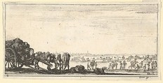 Plate 8: a chariot and two horses to left, a dog in center, various horses and soldiers in the background, from "Troops, cannons, and attacks on towns" (Dessins de quelques conduites de troupes, canons, et ataques de villes), Stefano della Bella  Italian, Etching