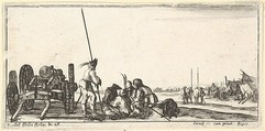 Plate 9: a chariot carrying a cannon to left, soldiers in center playing cards, from "Troops, cannons, and attacks on towns" (Dessins de quelques conduites de troupes, canons, et ataques de villes), Stefano della Bella  Italian, Etching