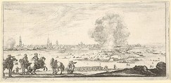 Plate 11: an attack on a city, horsemen in foreground, clouds of smoke and a cityscape in background, from "Troops, cannons, and attacks on towns" (Dessins de quelques conduites de troupes, canons, et ataques de villes), Stefano della Bella Italian, Etching