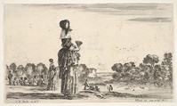 A lady standing in center holding a fan watching the bathers in the river to right, other ladies and men watching bathers to left in the background, from "Various figures and lands" (Diverse figure e paesi), Stefano della Bella  Italian, Etching