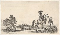 A horseman facing right in profile asking a young man for directions, a dead horse to left, a group of horsemen to left in the background, from "Various figures and lands" (Diverse figure e paesi), Stefano della Bella  Italian, Etching