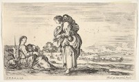 A woman seated to left holding a child, facing right in profile, conversing with a standing woman in center, carrying one child on her back and another in her arms, a church to left in background and boats to right in background, from "Various figures and lands" (Diverse figure e paesi), Stefano della Bella  Italian, Etching