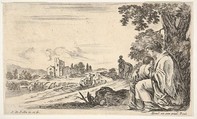 A peasant woman facing left in profile nurses a baby under a tree at right, a woman, seen from behind, walking next to a donkey in the middle ground, a church and bridge to left in background, from "Various figures and lands" (Diverse figure e paesi), Stefano della Bella  Italian, Etching