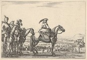 March of an army on a plain, the commander in chief in front, his aides behind him, a trumpeter on horseback at right, a plain with various figures and horses in the background, from "Varie Figure", Stefano della Bella  Italian, Etching; first state of four
