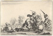 A skirmish, two horsemen battling with swords to the right, men carrying a flag running away towards the right, a dead man on the ground and a horseman seen from behind to the left, from "Varie Figure", Stefano della Bella  Italian, Etching; first state of four