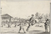 A riding school, a horseman with sword jumping directed by another man with a sword in center, a man standing next to his horse to right, various horsemen, the school, and two dogs in the background, from "Varie Figure", Stefano della Bella  Italian, Etching; first state of four