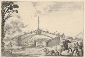 Combat on a bridge, a horseman and two footsoldiers battle with swords at bottom right, one footsoldier on the ground to left of the horseman, various soldiers with swords on the bridge in the background, French coat of arms displayed in center of bridge, title page from "Varie Figure", Stefano della Bella  Italian, Etching; first state of four