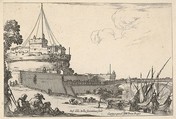 The Castel Sant'Angelo and the Pont Sant'Angelo in Rome, various boats unloading to right, two pilgrims with children seated to left, from "Varie Figure", Stefano della Bella  Italian, Etching; first state of four