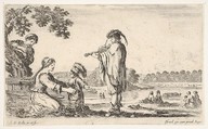 A man playing the violin in center, turned towards the left in profile, a seated woman to left playing with her dancing child, another woman standing and pointing behind a tree to left, seated women in a landscape to right in the background, from "Various figures and lands" (Diverse figure e paesi), Stefano della Bella  Italian, Etching