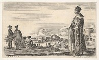 A Polish man in a long robe standing at right in profile, facing left, other Polish men to left, groups of horsemen to left in background and a castle to right in background, from "Various figures and lands" (Diverse figure e paesi), Stefano della Bella  Italian, Etching
