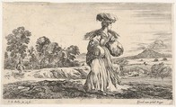 A peasant woman, standing in center facing right, carrying one basket on her head and another in her right arm, another peasant woman on a donkey and a figure on foot to left in the background, from "Various figures and lands" (Diverse figure e paesi), Stefano della Bella  Italian, Etching