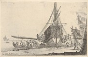 A galley embarking at center, seen from behind, the stern of another galley to right under a fire, eight men in a rowboat to left, from "Varie Figure", Stefano della Bella  Italian, Etching; first state of four