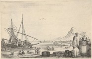 A ship disembarking to left, two galley slaves stand and one sits next to a barrel to right, various other figures on the shore, a mountain to right in the background, from "Varie Figure", Stefano della Bella  Italian, Etching; first state of four
