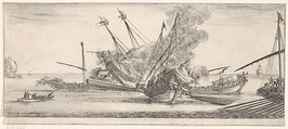 Naval combat, a ship at center, seen from behind, firing at four enemy ships, another ship entering from the right, a rowboat with nine people to left, from "Peace and War" (Divers desseins tant pour la paix que pour la guerre), Stefano della Bella  Italian, Etching