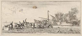 Naval battle, a rowboat filled with people fighting with muskets to left, people drowning in the sea in the center and right foreground, a ship on its side and burning in the background, from "Peace and War" (Divers desseins tant pour la paix que pour la guerre), Stefano della Bella  Italian, Etching