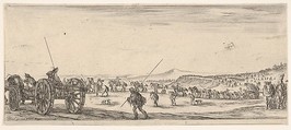 A procession of horsemen and cannons in the middle ground walking to the left, a cannon and two men to left, from "Peace and War" (Divers desseins tant pour la paix que pour la guerre), Stefano della Bella  Italian, Etching
