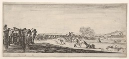 A procession of horse-drawn cannon carriages to left, horsemen in combat and a dead horse to right, battle on a bridge in center background, from "Peace and War" (Divers desseins tant pour la paix que pour la guerre), Stefano della Bella  Italian, Etching