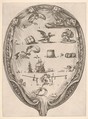 Rébus on the subject of fortune, a riddle depicted on drapery surrounded by a frame, Stefano della Bella Italian, Etching
