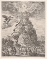 Rock of the Philosphers, or Mount Parnassus, many ancient philosophers gathered in groups at the base of the mountain in the foreground, Diogenes in his barrel to right and Archimedes in center studying an armillary sphere in the middleground, an angel in the sky to left, the mountain in the background, a large cloud at the top of the mountain with the assembly of the gods, Stefano della Bella Italian, Etching; second state of two