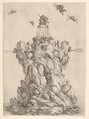 The rock of Aeolus, surrounded by water, with steps leading up the rock, the heads of three of the four winds on each corner blowing outwards, Aeolus crowned at the summit, four winds in the sky around him, from "The contest of the seasons" (La gara delle stagioni), Stefano della Bella  Italian, Etching