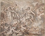 Juno Ordering Aeolus to Unleash the Winds, Louis Jean Jacques Durameau French, Pen and brown ink, brush and brown and gray wash, heightened with white gouache, over black and red chalk underdrawing on light buff paper prepared with a pink wash; framing lines in pen and brown ink