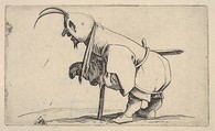 Hooded small figure hunched over a crutch, in profile view with left leg positioned forward and sword affixed to right hip, from "Varie Figure Gobbi", Jacques Callot French, Etching
