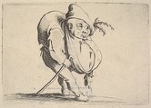 Small figure striding forward with cane and bulging abdomen, body in profile view and head in three-quarters view, from "Varie Figure Gobbi", Jacques Callot French, Etching