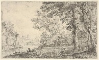 A landscape with a monk and an angel in the center, a town to the left (The Vision), Claude Lorrain (Claude Gellée) French, Etching