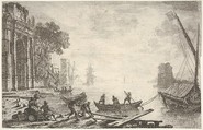 Harbor with rising sun, figures in foreground, colonnade on left, Claude Lorrain (Claude Gellée) French, Etching