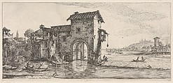 Landscape with water-mill and figures fishing in boat on the left river on the right, from "Italian landscapes" (Diverse vedute designate in Fiorenza / Paysages italiens), Jacques Callot French, Etching