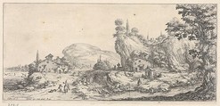 Walking and mounted figures surrounding a river traversed by a bridge, with a hilly outcrop and windmill, from "Italian landscapes" (Diverse vedute designate in Fiorenza / Paysages italiens), Jacques Callot French, Etching