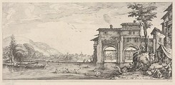 View of bathers and a large building at the right, from "Italian landscapes" (Diverse vedute designate in Fiorenza / Paysages italiens), Jacques Callot French, Etching