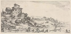 Hunters on horses and on foot, with hounds pursuing a stag, and two buildings in a hilly landscape, from "Italian landscapes" (Diverse vedute designate in Fiorenza / Paysages italiens), Jacques Callot French, Etching