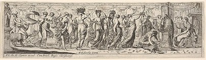 Frieze-like procession of draped women bearing offerings and horns, at right a man cuts a ram's throat before an altar, from a series of twelve frieze-like designs showing bacchanals, sacrifices, and dances, Pierre Brebiette  French, Etching