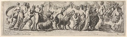 Procession of satyrs and draped figures leading two goats and cow to sacrifice, at right the figure of Pan stands on a rocky pedestal, from a series of twelve frieze-like designs showing bacchanals, sacrifices, and dances, Pierre Brebiette  French, Etching