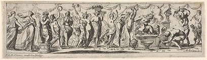 Procession of draped female dancers, women bearing baskets, and male musicians, at right a satyr lies bound on a pyre, from a series of twelve frieze-like designs showing bacchanals, sacrifices, and dances, Pierre Brebiette  French, Etching