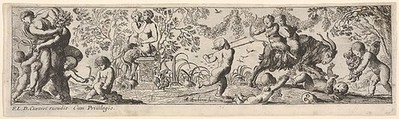 Composition with three figure groups: at left a woman struggles with a male assailant, at center a female satyr and male satryr sit upon a pedestal, at right putti surround two young satyrs riding a goat, from a series of twelve frieze-like designs showing bacchanals, sacrifices, and dances, Pierre Brebiette  French, Etching