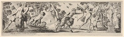 Composition of figures arranged in a landscape foreground before a statue of a female goddess, at left two nude figures support a nude woman riding a goat led by a putto, at center a draped woman holds one finger to her eye behind a satyr holding a bow, at right Mercury twists away from the satyr, from a series of twelve frieze-like designs showing bacchanals, sacrifices, and dances, Pierre Brebiette  French, Etching