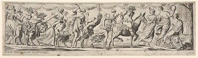 Procession of draped women leading captives and animals, at left Envy rides a lion, at right Silenus rides a donkey, from a series of twelve frieze-like designs showing bacchanals, sacrifices, and dances, Pierre Brebiette  French, Etching