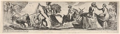 Ceres sows seeds and walks behind a goat-drawn plough, at right a man draped with a lion skin grasps a woman's garment and a female satyr receives an embrace from another figure, from a series of twelve frieze-like designs showing bacchanals, sacrifices, and dances, Pierre Brebiette  French, Etching