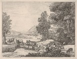 Shepherd and shepherdess conversing in a landscape, with a bridge in the background, Claude Lorrain (Claude Gellée) French, Etching
