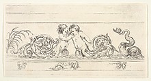 Two infants standing in the water at center with their legs as scrollwork, below three small sketches of heads, plate 3 from "Friezes, foliage, and grotesques" (Frises, feuillages et grotesques), Stefano della Bella  Italian, Etching