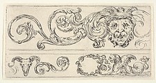 Three fragments of friezes; on top, a grotesque head of a man, a skull of a ram at bottom left and a chimera at bottom right, plate 2 from "Friezes, foliage, and grotesques" (Frises, feuillages et grotesques), Stefano della Bella Italian, Etching