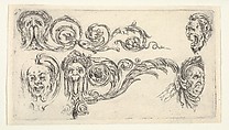 Five grotesque heads, plate 4 from "Friezes, foliage, and grotesques" (Frises, feuillages et grotesques), Stefano della Bella  Italian, Etching